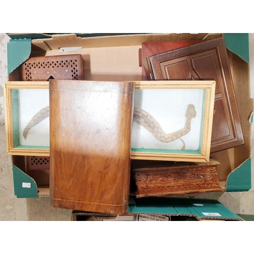 131 - Two boxes of treen. No shipping. Arrange collection or your own packer and shipper, please. Electric... 