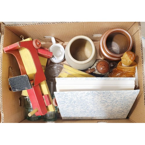 149 - Two boxes of metal ware, ceramics and assorted. No shipping. Arrange collection or your own packer a... 