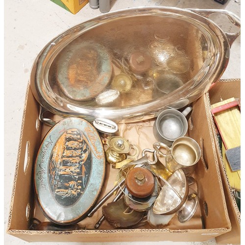 149 - Two boxes of metal ware, ceramics and assorted. No shipping. Arrange collection or your own packer a... 