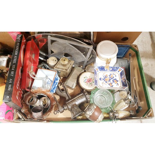 153 - Two boxes of metal ware and small electricals. No shipping. Arrange collection or your own packer an... 