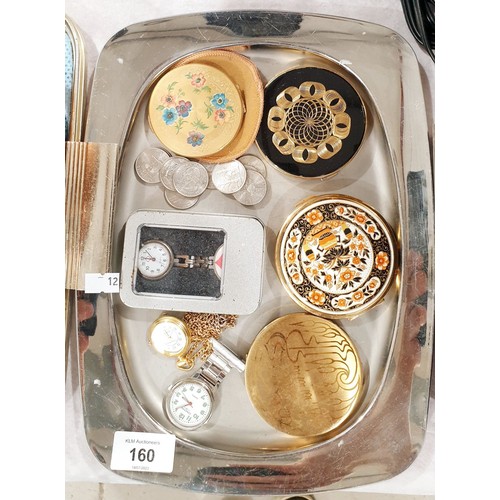 160 - Compacts, watches and coins. UK shipping £14.