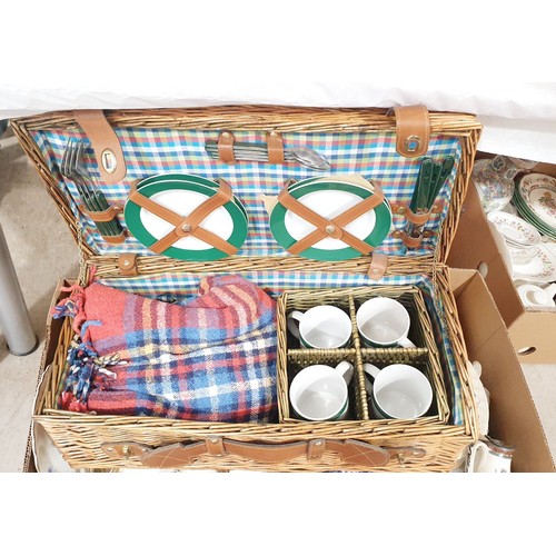 174 - Two boxes of ceramics and a wicker picnic hamper including a Flaxman Greek jug. No shipping. Arrange... 