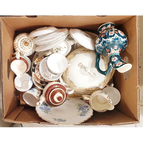 174 - Two boxes of ceramics and a wicker picnic hamper including a Flaxman Greek jug. No shipping. Arrange... 