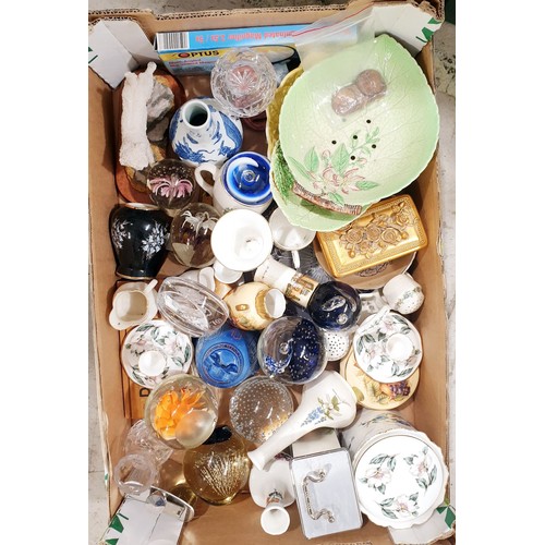 176 - A box of glass and ceramics including paper weights. No shipping. Arrange collection or your own pac... 