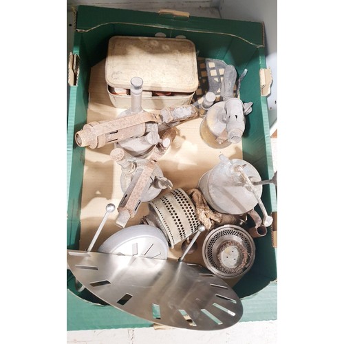 203 - Two boxes of metal ware including blow lamps and flat irons together with a copper poser. No shippin... 