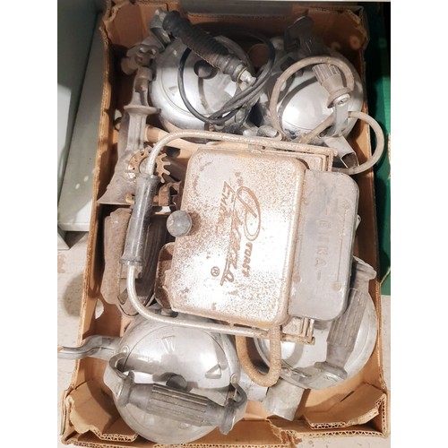 203 - Two boxes of metal ware including blow lamps and flat irons together with a copper poser. No shippin... 