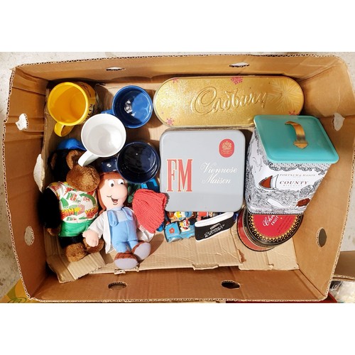 222 - Three boxes including Fisher Price toys and advertising collectables. No shipping. Arrange collectio... 