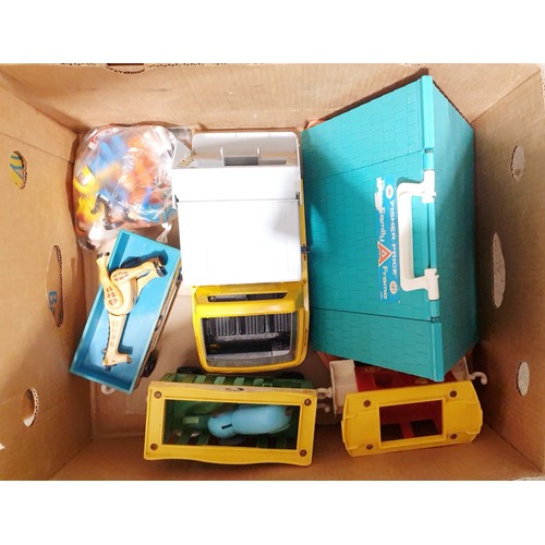 222 - Three boxes including Fisher Price toys and advertising collectables. No shipping. Arrange collectio... 