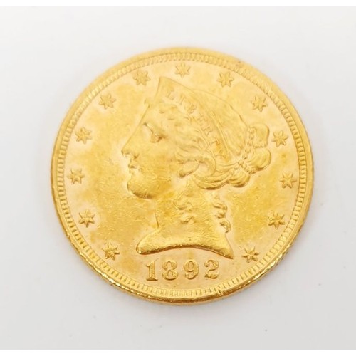 5 - A USA gold $5 coin, 1892, UK shipping £14.
