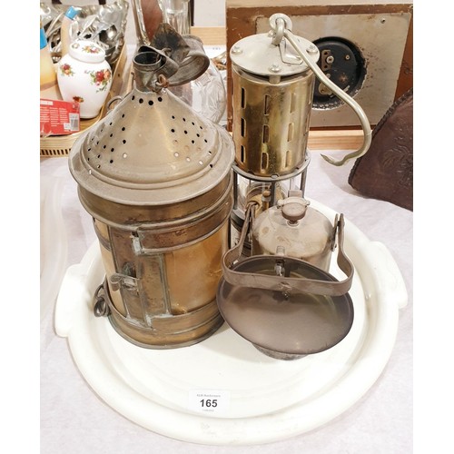 165 - Two vintage lamps and a miner's lamp. No shipping. Arrange collection or your own packer and shipper... 
