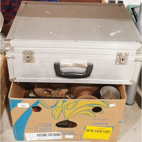 173 - A box including a carved wooden tobacco jar, ceramics and assorted together with a flight case. No s... 