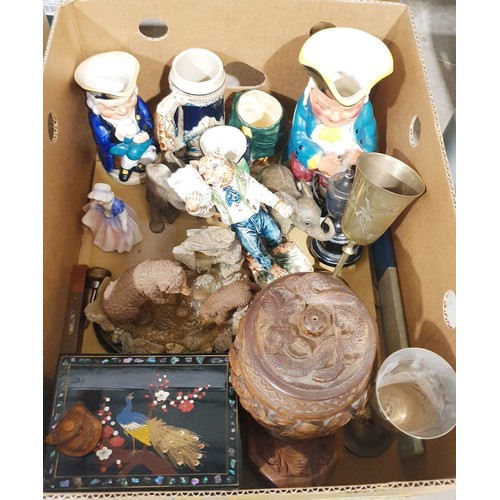 173 - A box including a carved wooden tobacco jar, ceramics and assorted together with a flight case. No s... 