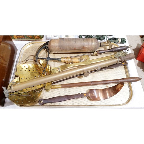 77 - A selection of metal ware including a brass fire extinguisher and a horse sweat scraper. UK shipping... 