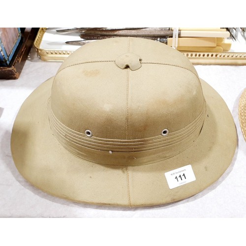 111 - A vintage French Leopard Brand pith helmet. No shipping. Arrange collection or your own packer and s... 