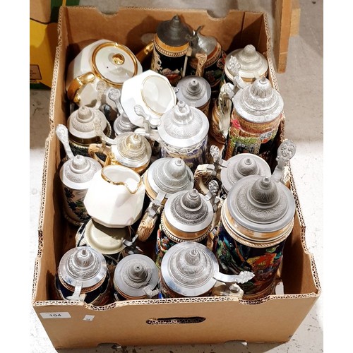 104 - Two boxes of steins and assorted. No shipping. Arrange collection or your own packer and shipper, pl... 