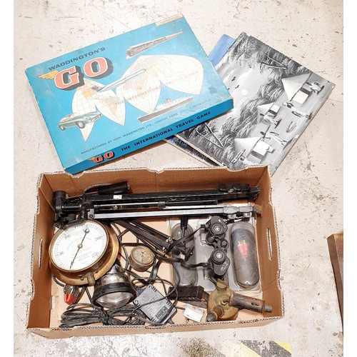 81 - A box of assorted including a vintage sprinkler pressure gauge, a Crossley Motors oil pressure gauge... 