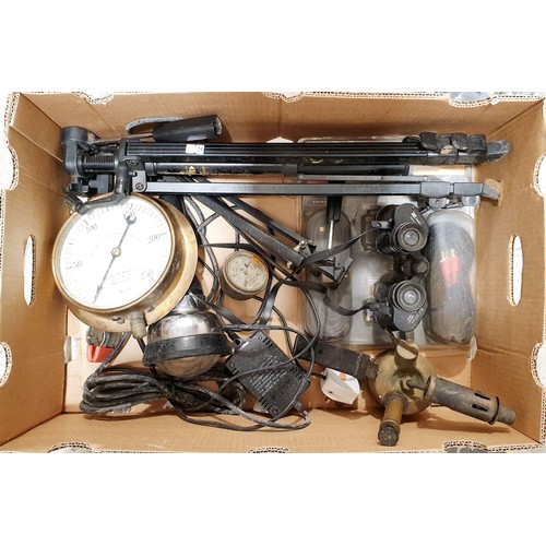 81 - A box of assorted including a vintage sprinkler pressure gauge, a Crossley Motors oil pressure gauge... 