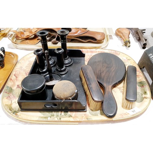 97 - Ebony and coromandel dressing table items. UK shipping £14.