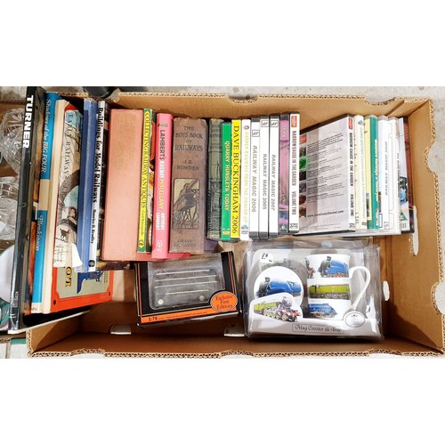 102 - Two boxes including railway books and DVDs, Tintagel Pottery and assorted. No shipping. Arrange coll... 