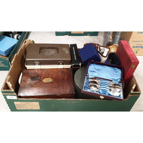 123 - A box including an antique workbox and assorted. No shipping. Arrange collection or your own packer ... 