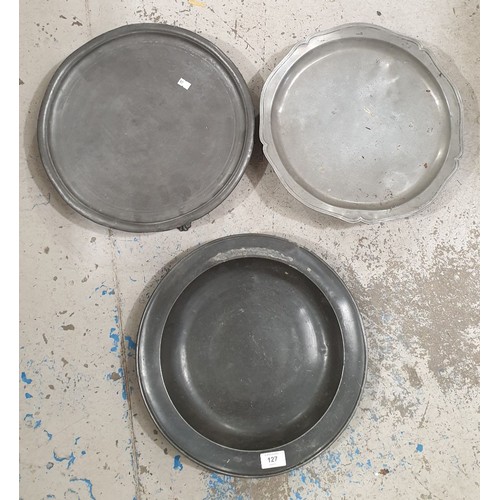 127 - Two antique pewter footed trays and a dish, the dish A/F, the largest diameter 14.5