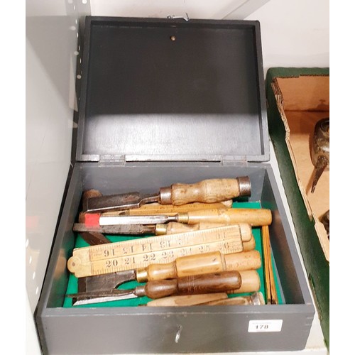 178 - A box of antique and later chisels and other tools including Marples. UK shipping £14.