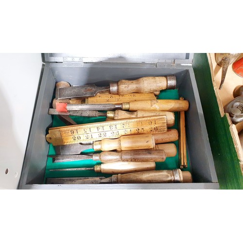 178 - A box of antique and later chisels and other tools including Marples. UK shipping £14.