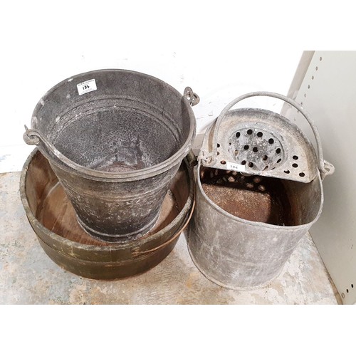 184 - A galvanised bucket, a galvanised mop bucket and a wooden bucket. No shipping. Arrange collection or... 