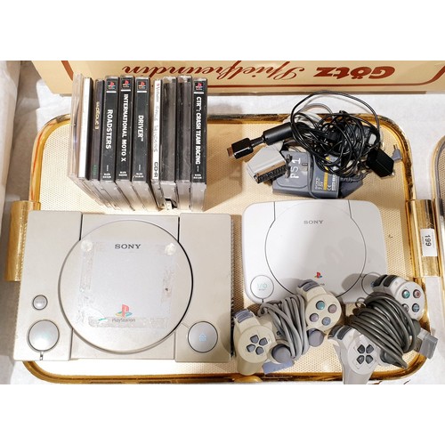 199 - Two Sony Playstation 1 consoles and games. UK shipping £14. Electricals are sold as scrap.