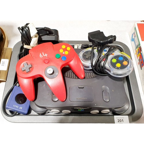 201 - A Nintendo 64 console with two controllers. UK shipping £14. Electricals are sold as scrap.