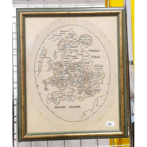 205 - A late 18th century needlework map of England and Wales by E Hicks and dated 1796, 20.5