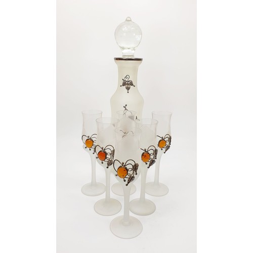 213 - A frosted glass decanter with 925 silver mounts and amber cabochons, height 14.25