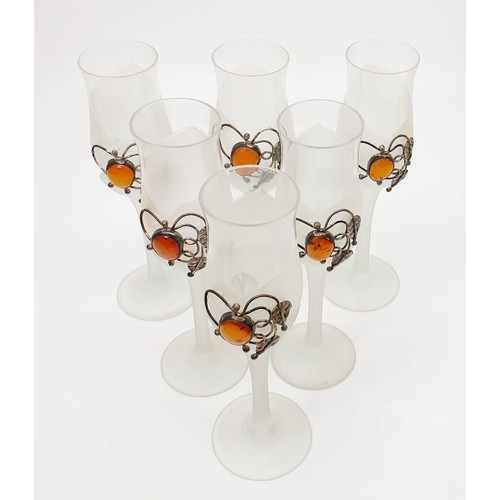 213 - A frosted glass decanter with 925 silver mounts and amber cabochons, height 14.25