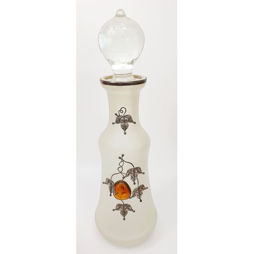 213 - A frosted glass decanter with 925 silver mounts and amber cabochons, height 14.25