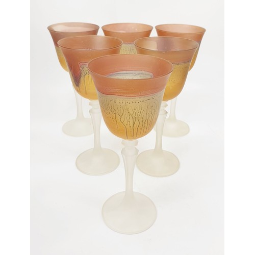 214 - Six frosted and stained wine glasses. No shipping. Arrange collection or your own packer and shipper... 