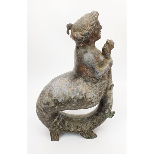 215 - An antique cast metal aquamanile in the form of a mermaid, A/F, height 11