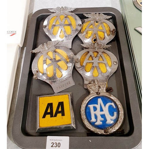 230 - Five vintage AA car badges and an RAC badge. UK shipping £14.