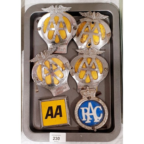 230 - Five vintage AA car badges and an RAC badge. UK shipping £14.