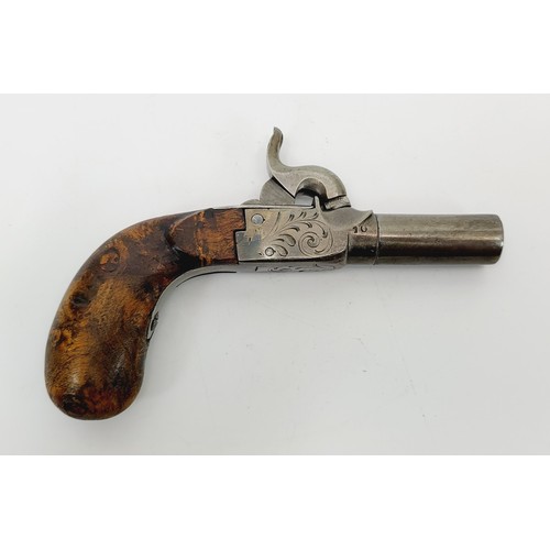 78 - A mid 19th century percussion turn-off barrel pocket pistol with burr walnut grip and concealed trig... 