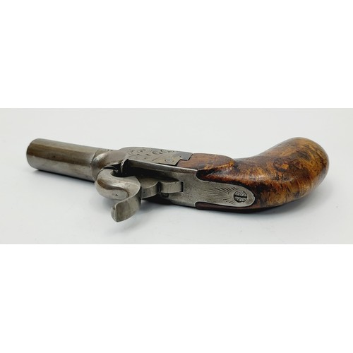 78 - A mid 19th century percussion turn-off barrel pocket pistol with burr walnut grip and concealed trig... 