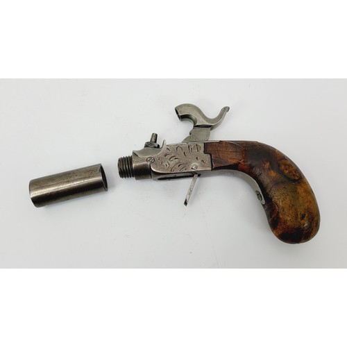 78 - A mid 19th century percussion turn-off barrel pocket pistol with burr walnut grip and concealed trig... 