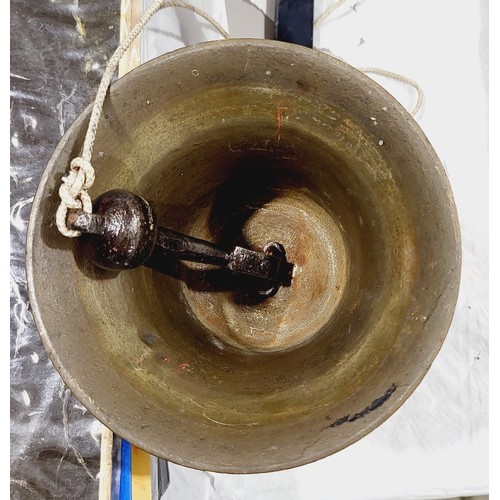 154 - A vintage brass military issue bell with wall mount and broad arrow mark, bell diameter 5.75