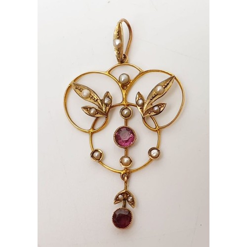 11 - An antique 9ct gold amethyst and seed pearl pendant, length 2