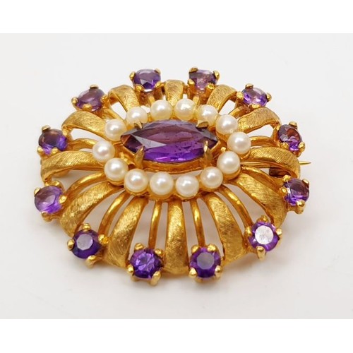 21 - A hallmarked 9ct gold seed pearl and amethyst brooch, gross weight 7.6g, width 1.25