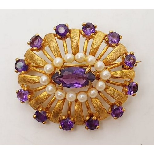 21 - A hallmarked 9ct gold seed pearl and amethyst brooch, gross weight 7.6g, width 1.25