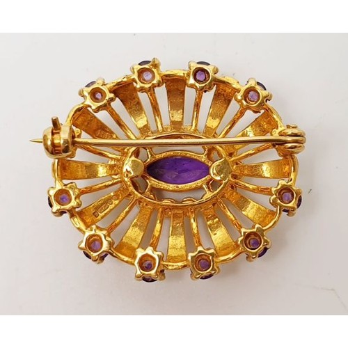 21 - A hallmarked 9ct gold seed pearl and amethyst brooch, gross weight 7.6g, width 1.25