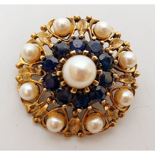 22 - A hallmarked 9ct gold sapphire and pearl brooch, gross weight 7.2g, width 1