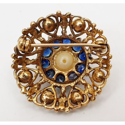 22 - A hallmarked 9ct gold sapphire and pearl brooch, gross weight 7.2g, width 1