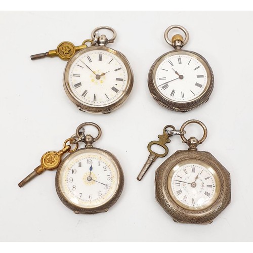 54 - Four silver cased antique ladies fob watches, each A/F. UK shipping £14.