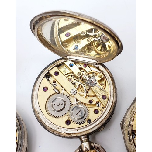 54 - Four silver cased antique ladies fob watches, each A/F. UK shipping £14.